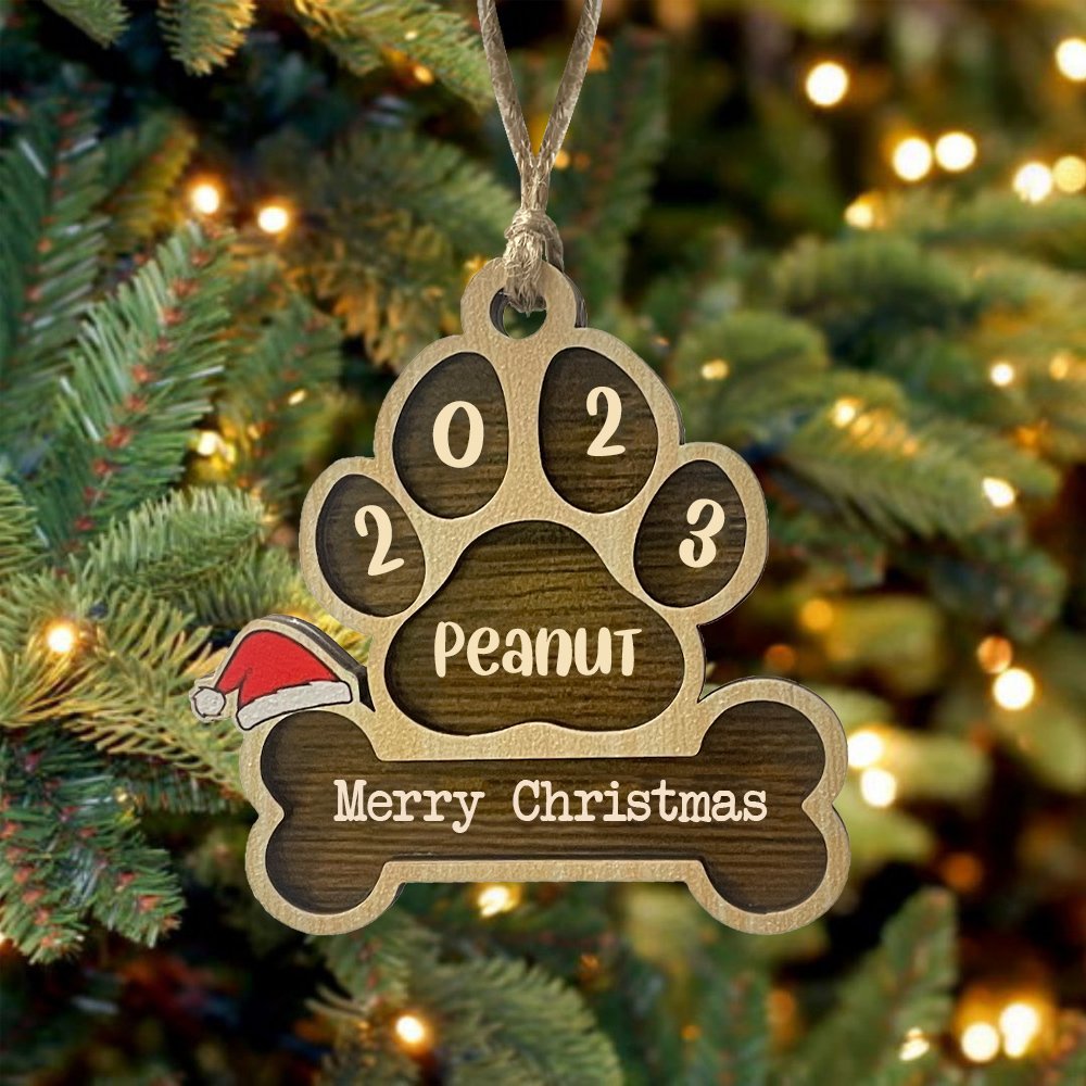 Navidad-Ornamento navideño de madera pata de perro con hueso con 1 nombre y 1 texto personalizados