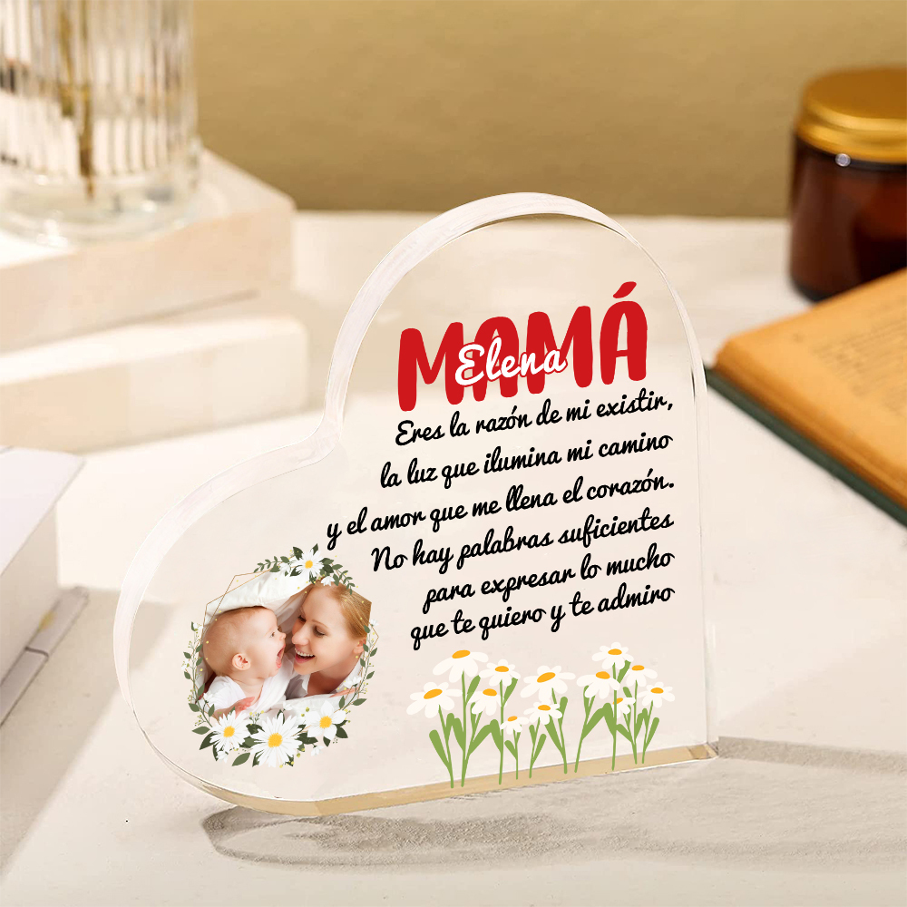 A mi mamá-Placa de acrílico en forma de corazón con frases amorosos 1 nombre y foto personalizados-Jessemade ES
