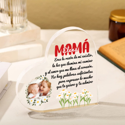 A mi mamá-Placa de acrílico en forma de corazón con frases amorosos 1 nombre y foto personalizados-Jessemade ES