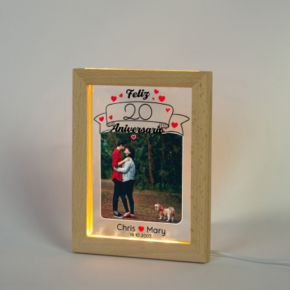 Marco con lámpara aniversario de 1 foto de madera para pareja 2 nombres, fecha y número personalizados-Jessemade ES