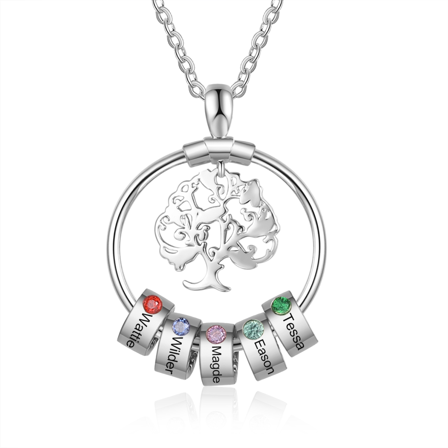 Collar con 1-5 círculos 1-5 piedras de nacimiento y nombres colgante de árbol de la vida plateado-Jessemade ES