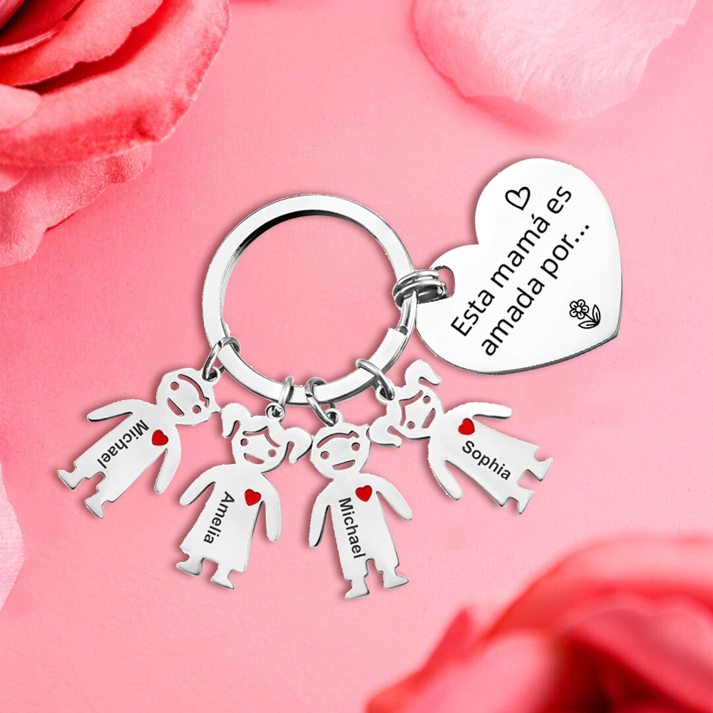 A mi mamá - Kit de regalo de cartera, llavero con "4 niños", tarjeta y caja nombre y flor de nacimiento personalizados | Jessemade