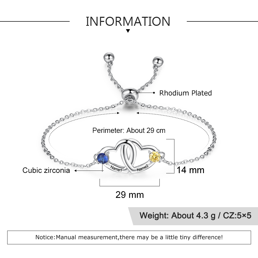 Pulsera ajustable de corazón con 2 piedras de nacimiento y 2 nombres personalizados