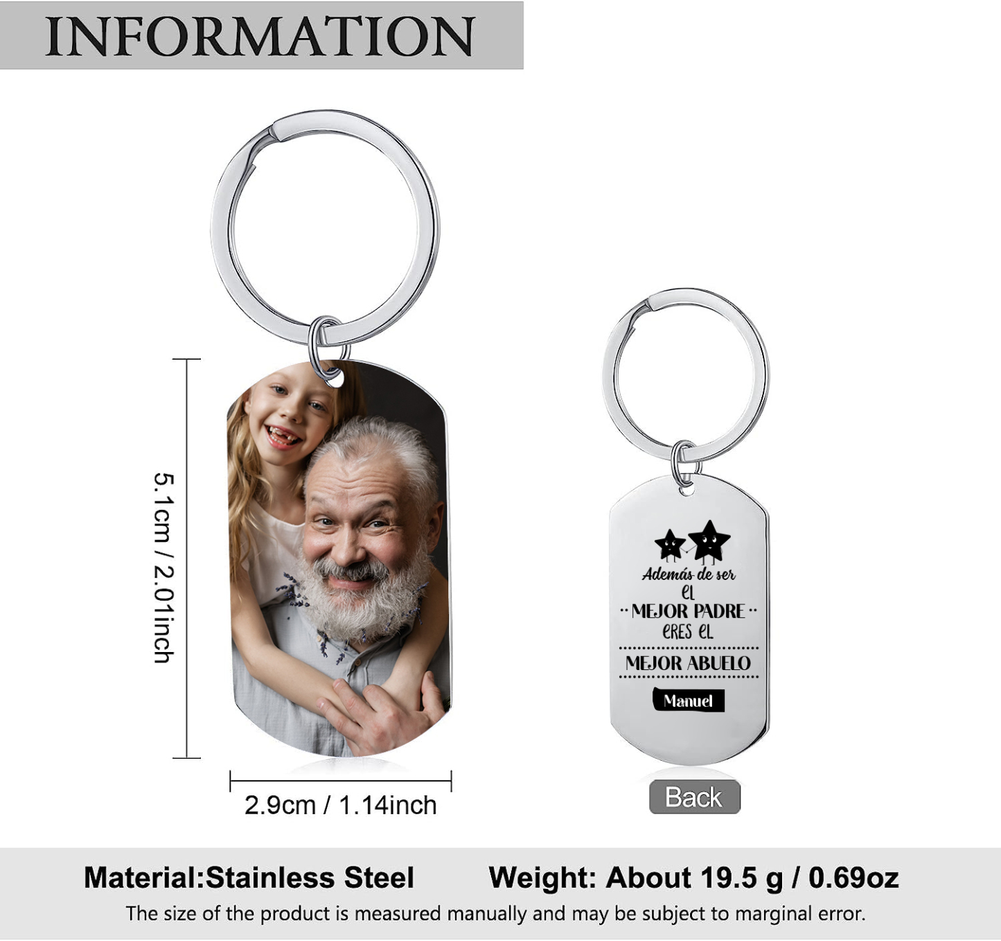 A mi abuelo-Llavero EL MEJOR ABUELO personalizado con 1 nombre y 1 foto-Jessemade ES