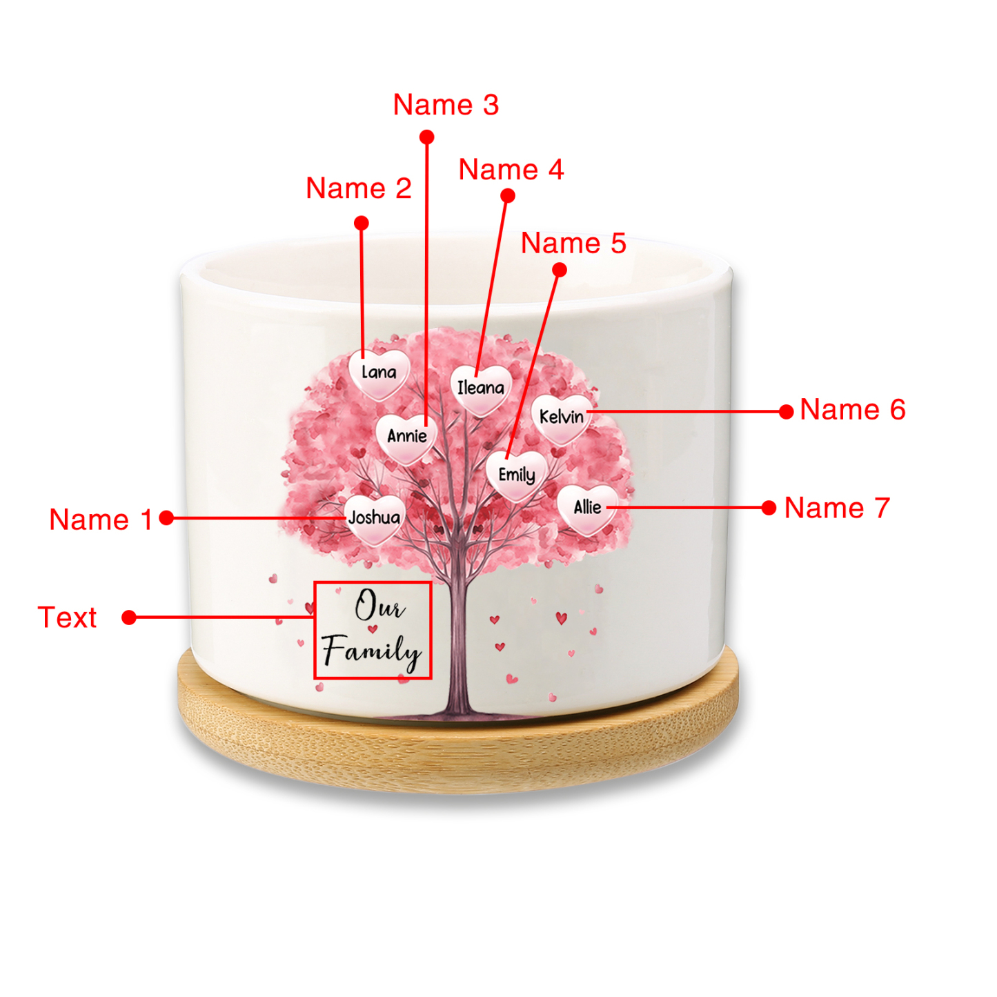 Florero con base de cerámica árbol de corazones 2-8 nombres personalizados con texto decoración del hogar-Jessemade ES