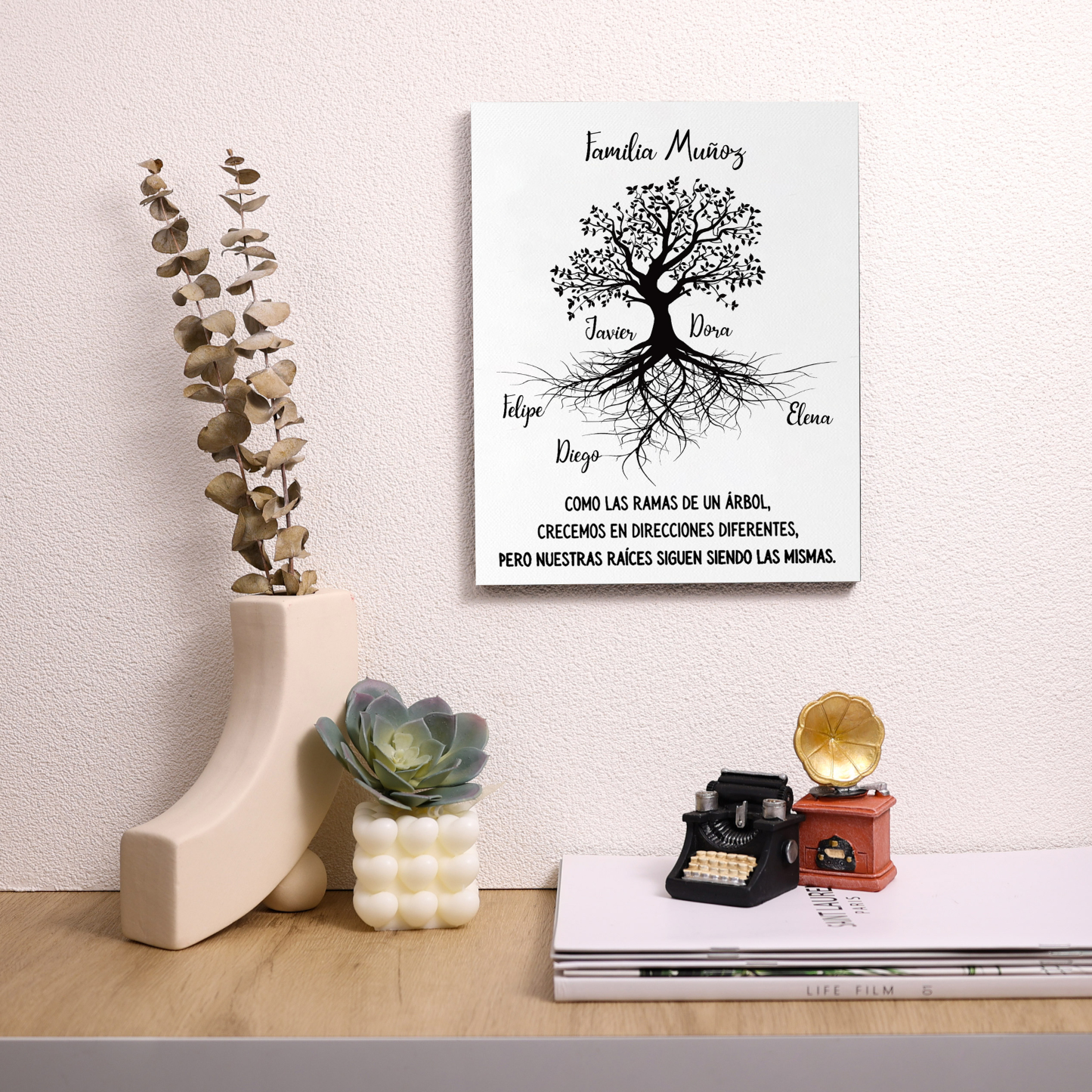 A mi familia-Lámina marco de madera Árbol de la Vida 1 texto y 5 nombres personalizados-Jessemade ES
