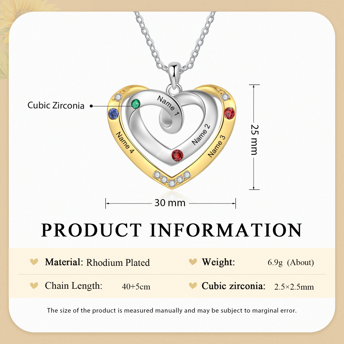 Collar de corazón con 4 nombres y piedras de nacimiento personalizados-Jessemade ES