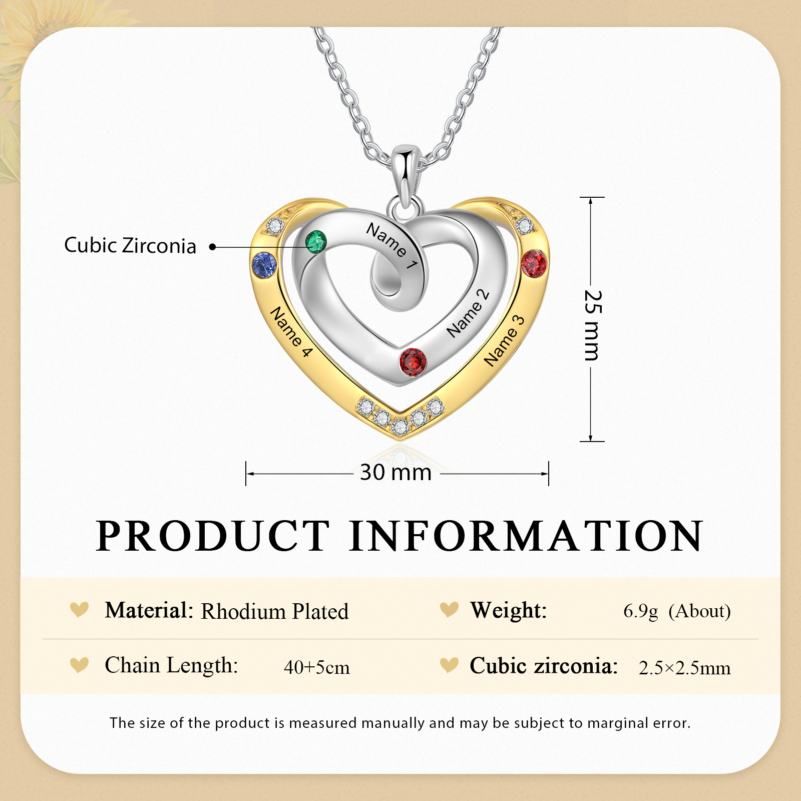 Collar de corazón con 4 nombres y piedras de nacimiento personalizados-Jessemade ES