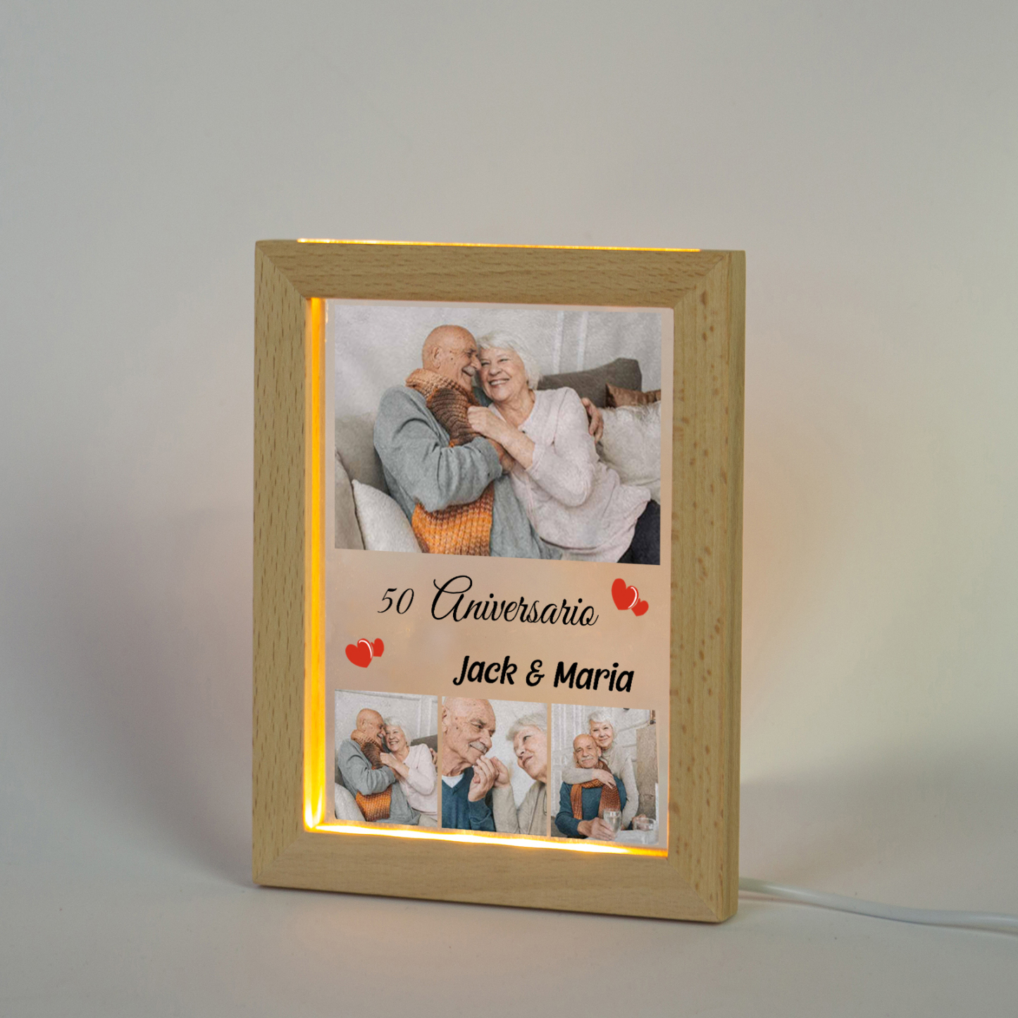 Marco con lámpara aniversario de 4 fotos de madera para pareja 2 nombres y número personalizados-Jessemade ES