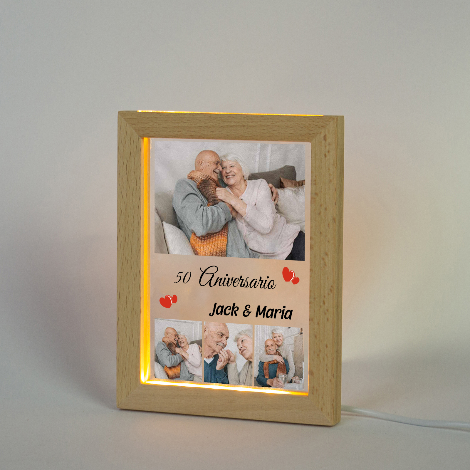 Marco con lámpara aniversario de 4 fotos de madera para pareja 2 nombres y número personalizados-Jessemade ES