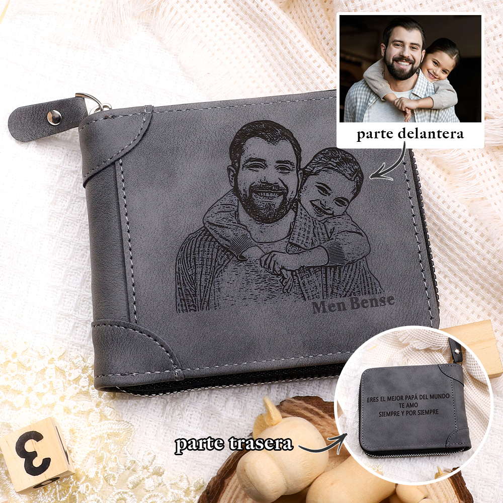 Cartera, billetera con cierre con 1 foto y 3 textos personalizados, monedero clásico para hombre | Jessemade