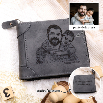 Cartera, billetera con cierre con 1 foto y 3 textos personalizados, monedero clásico para hombre | Jessemade