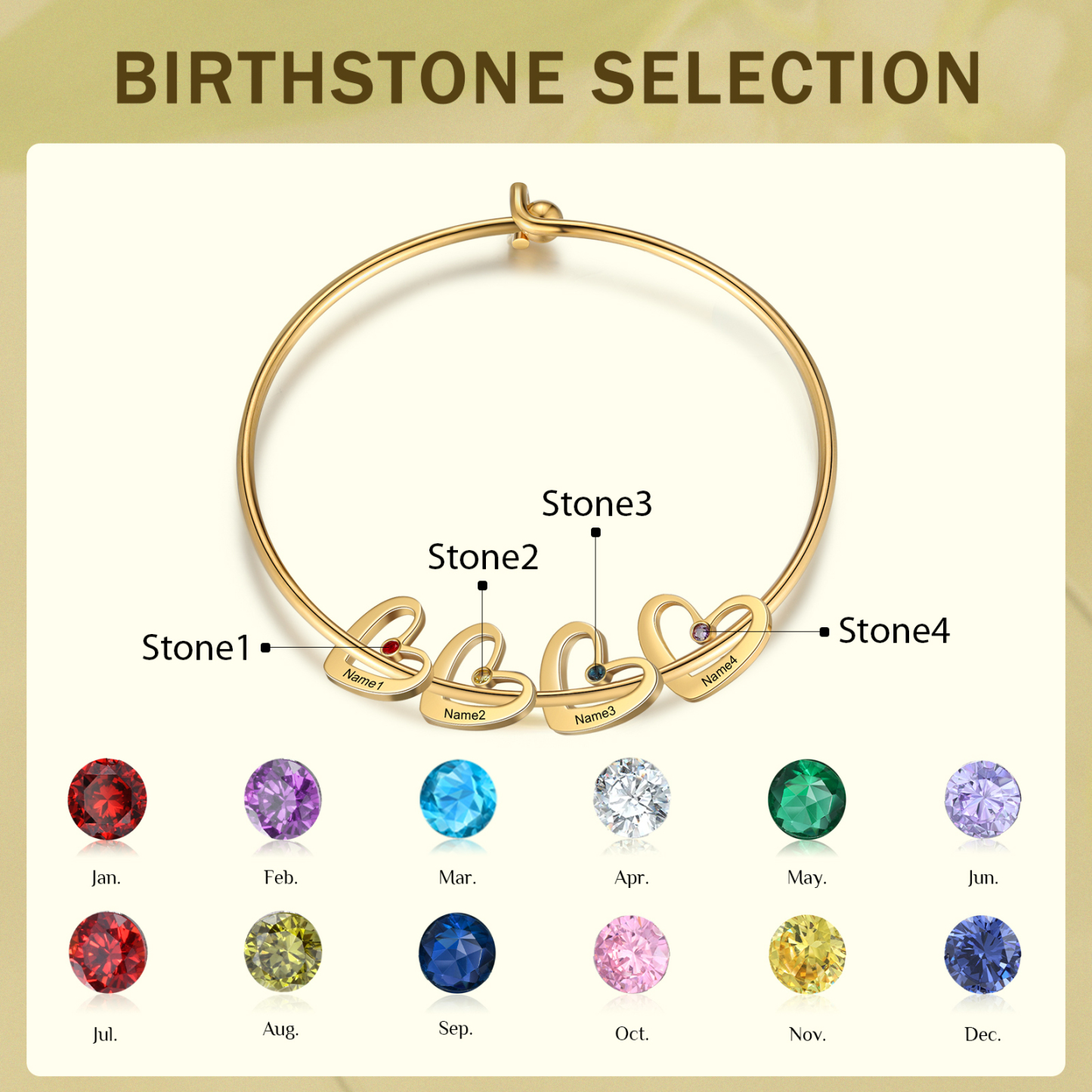 Pulsera 2-6 nombres y piedras de nacimiento personalizados con colgantes de corazón oro-Jessemade ES