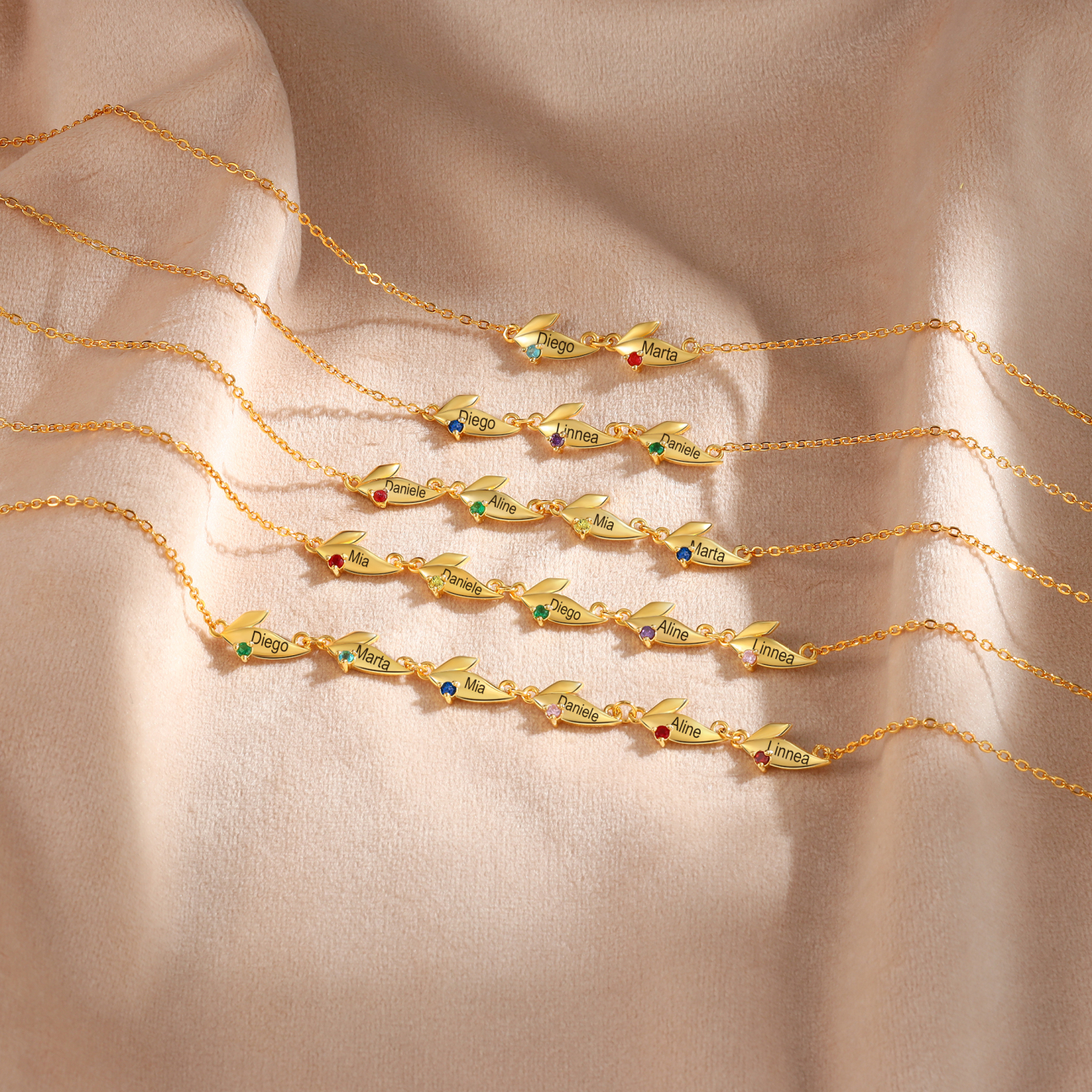 Collar con colgante de hojas con 2-6 nombres personalizados y 2-6 piedras de nacimiento-Jessemade ES