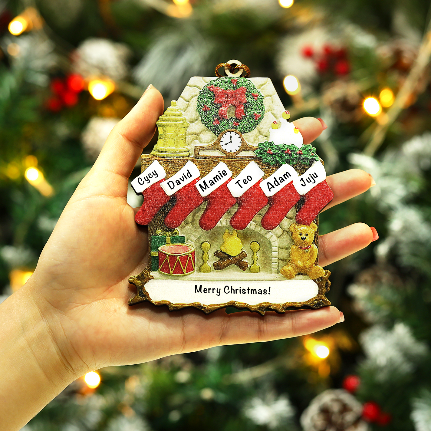 Navidad-Ornamento navideño de madera chimenea y calcetines con 6 nombres y 1 texto personalizados