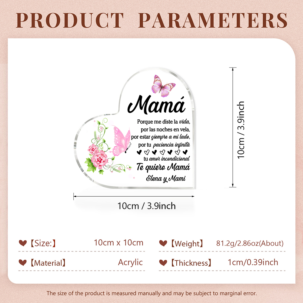A mi mamá-Placa de acrílico en forma de corazón mariposas y frases amorosos 1 texto personalizado-Jessemade ES
