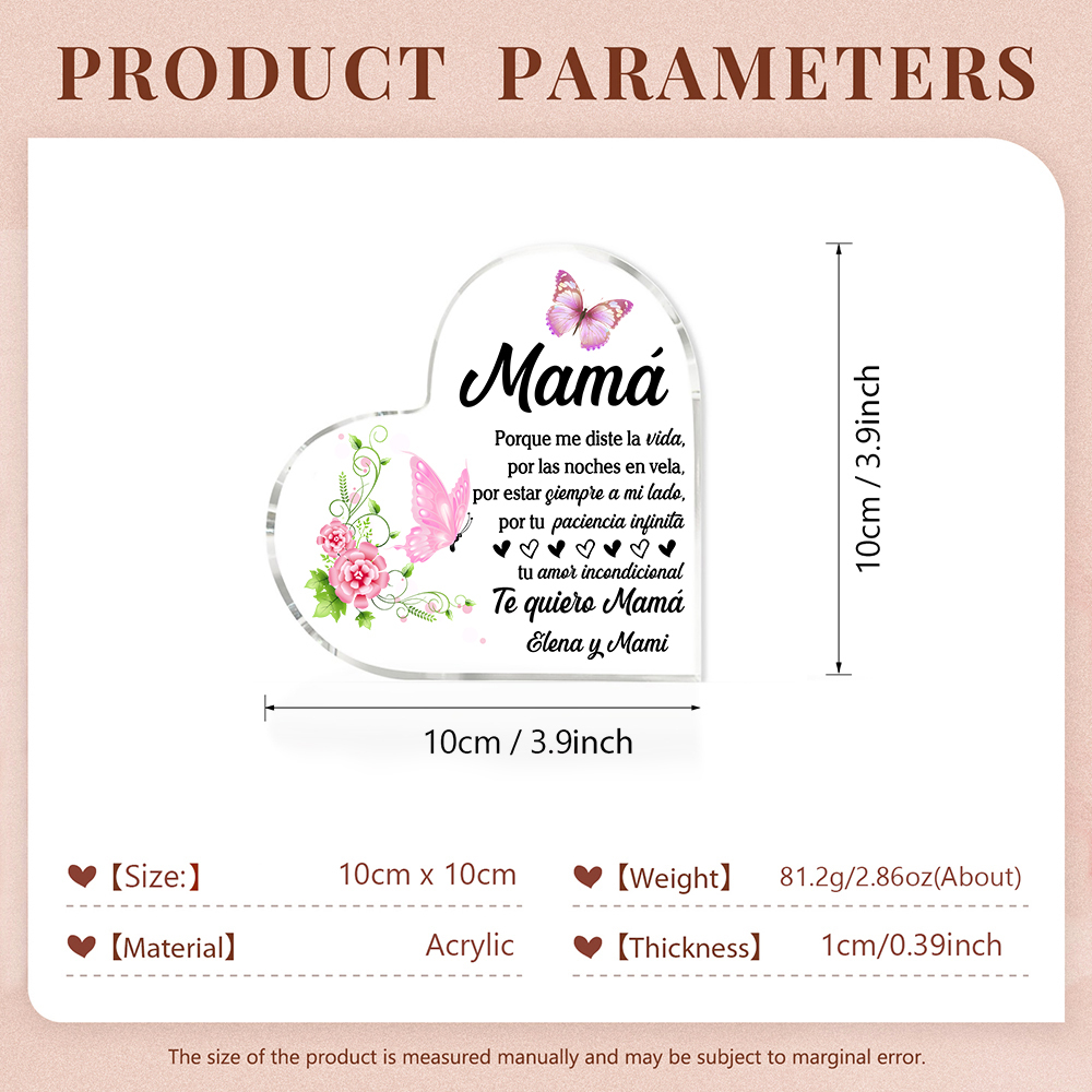 A mi mamá-Placa de acrílico en forma de corazón mariposas y frases amorosos 1 texto personalizado-Jessemade ES