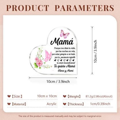 A mi mamá-Placa de acrílico en forma de corazón mariposas y frases amorosos 1 texto personalizado-Jessemade ES