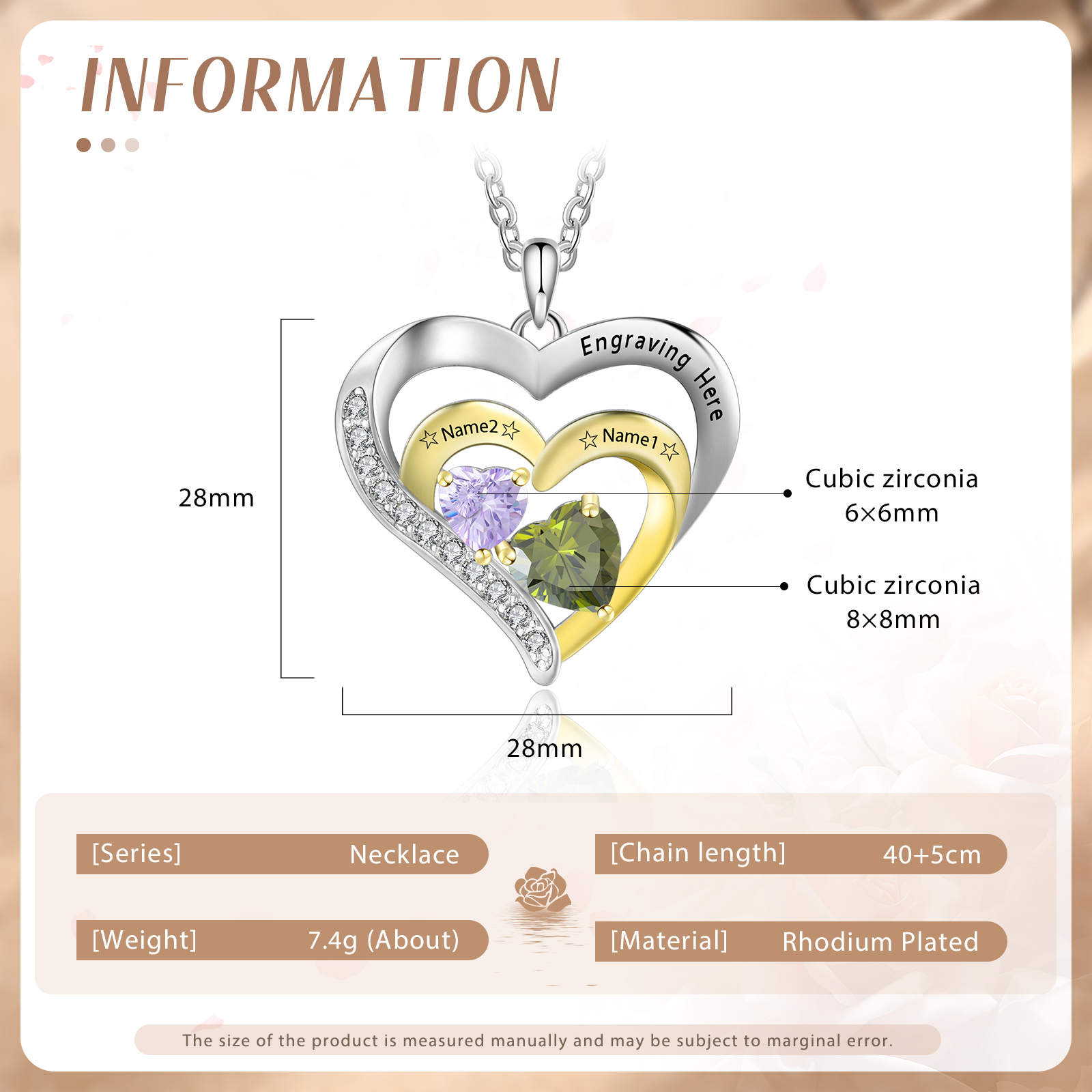 Collar en corazón con 1-3 nombres personalizados, 1-3 piedras de nacimiento y 1 texto-Jessemade ES