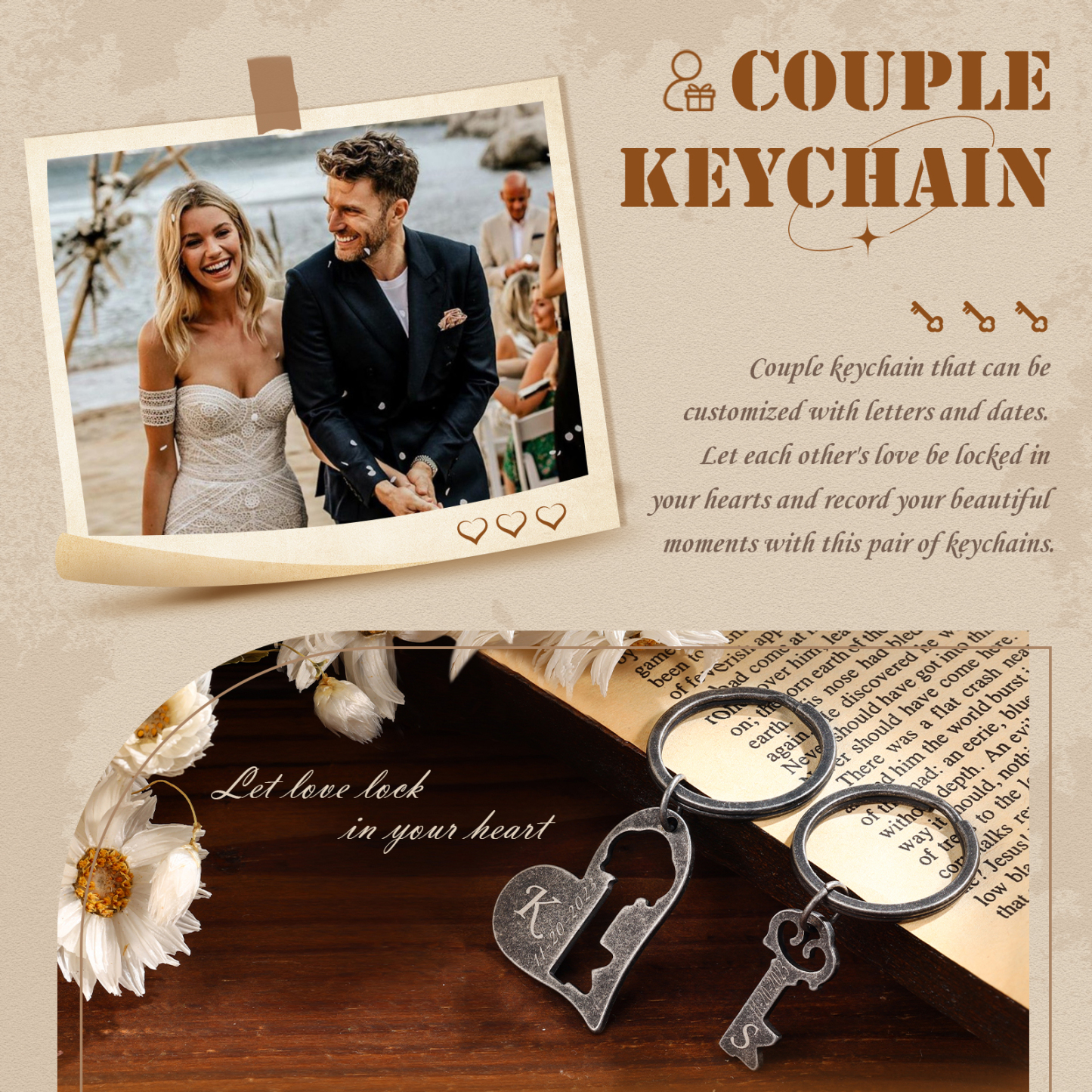 Llavero para pareja corazón y llave personalizado con 2 letras y fecha-Jessemade ES