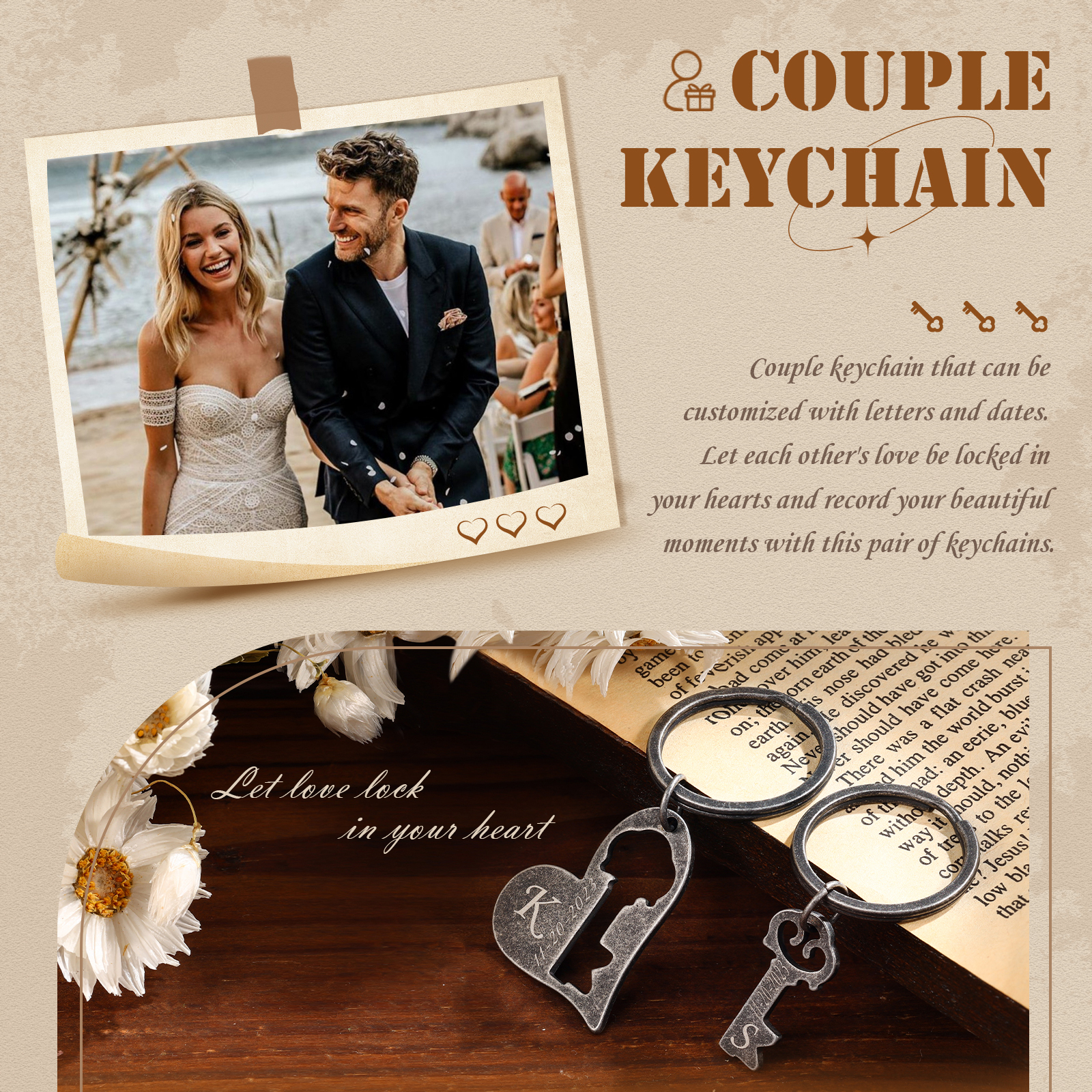Llavero para pareja corazón y llave personalizado con 2 letras y fecha-Jessemade ES