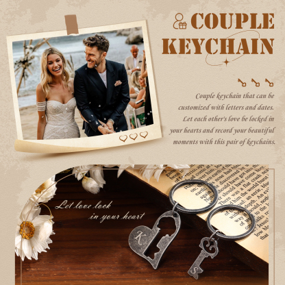 Llavero para pareja corazón y llave personalizado con 2 letras y fecha-Jessemade ES