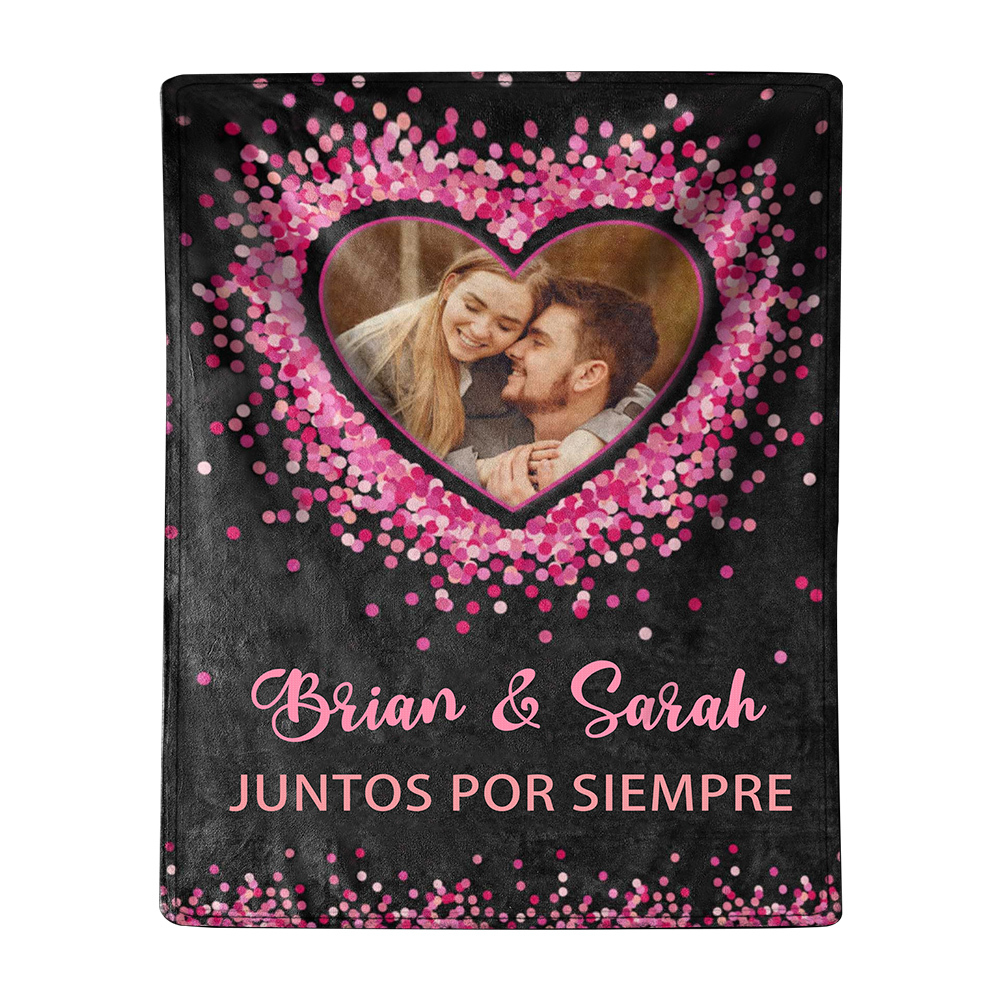 Pareja-Manta de buen calidad de corazones conectados personalizada con nombres y foto-Jessemade ES