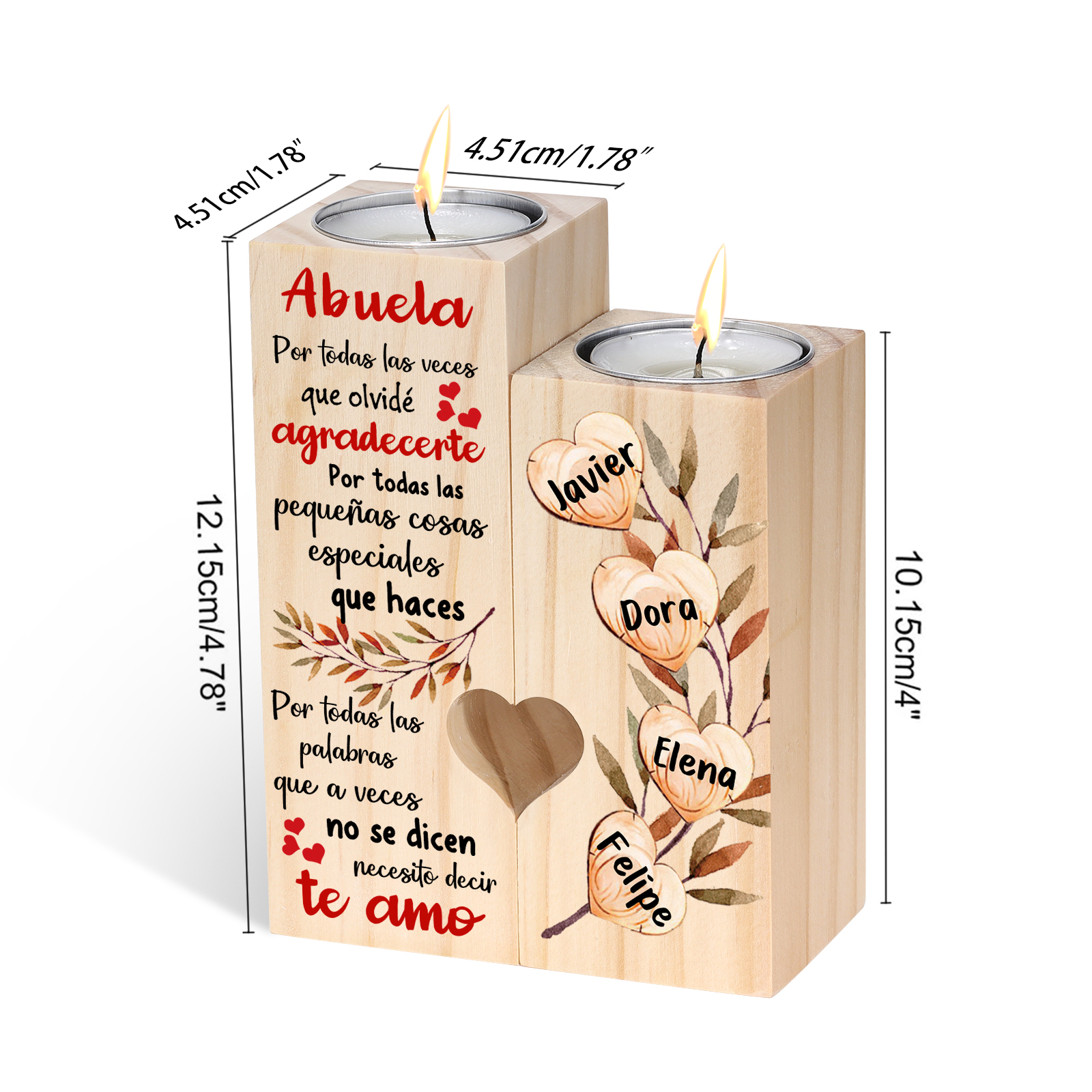 A mi abuela - Candelero de madera sin vela Corazones 4 nombres personalizados-Jessemade ES