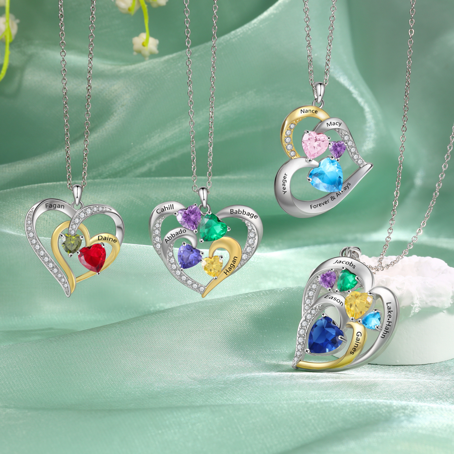 Collar corazón con 3 nombres, 1 texto y 5 piedras de nacimiento personalizados-Jessemade ES