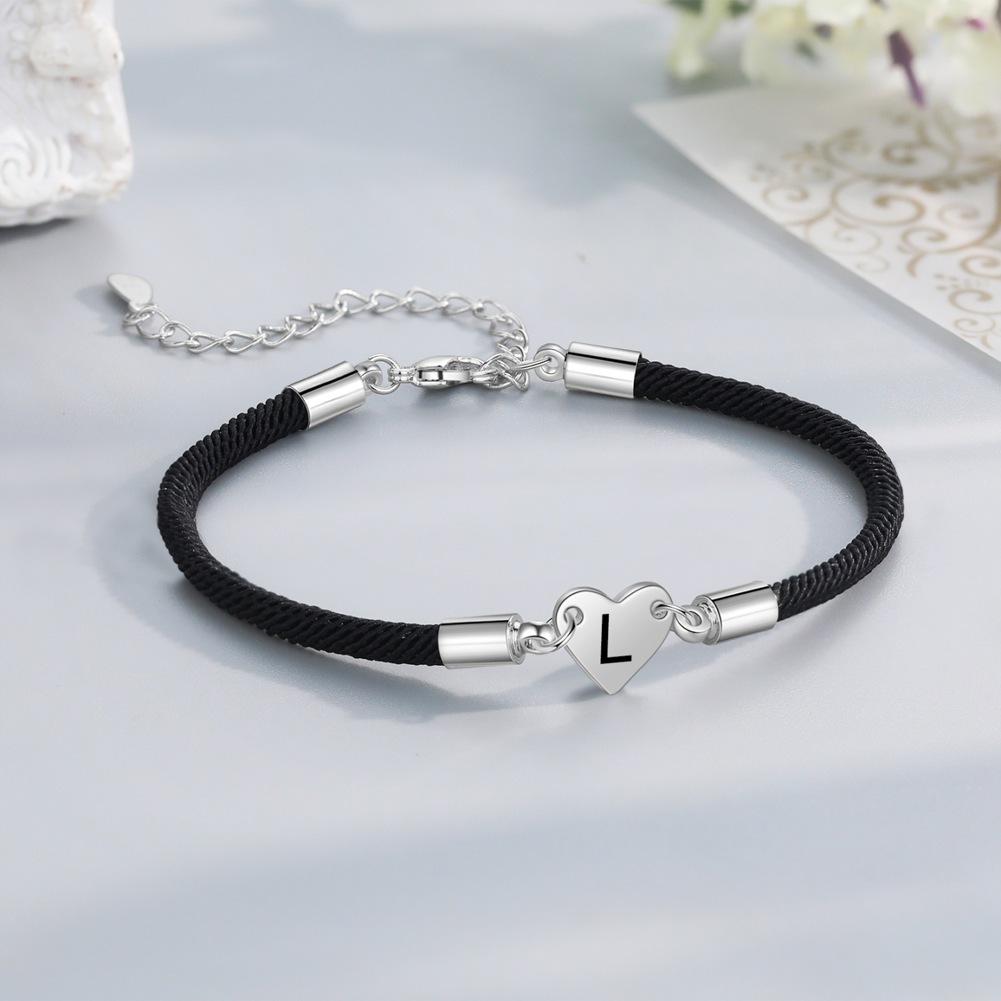 Pulsera de cuerda con dije de corazón 1-4 letras personalizadas-Jessemade ES