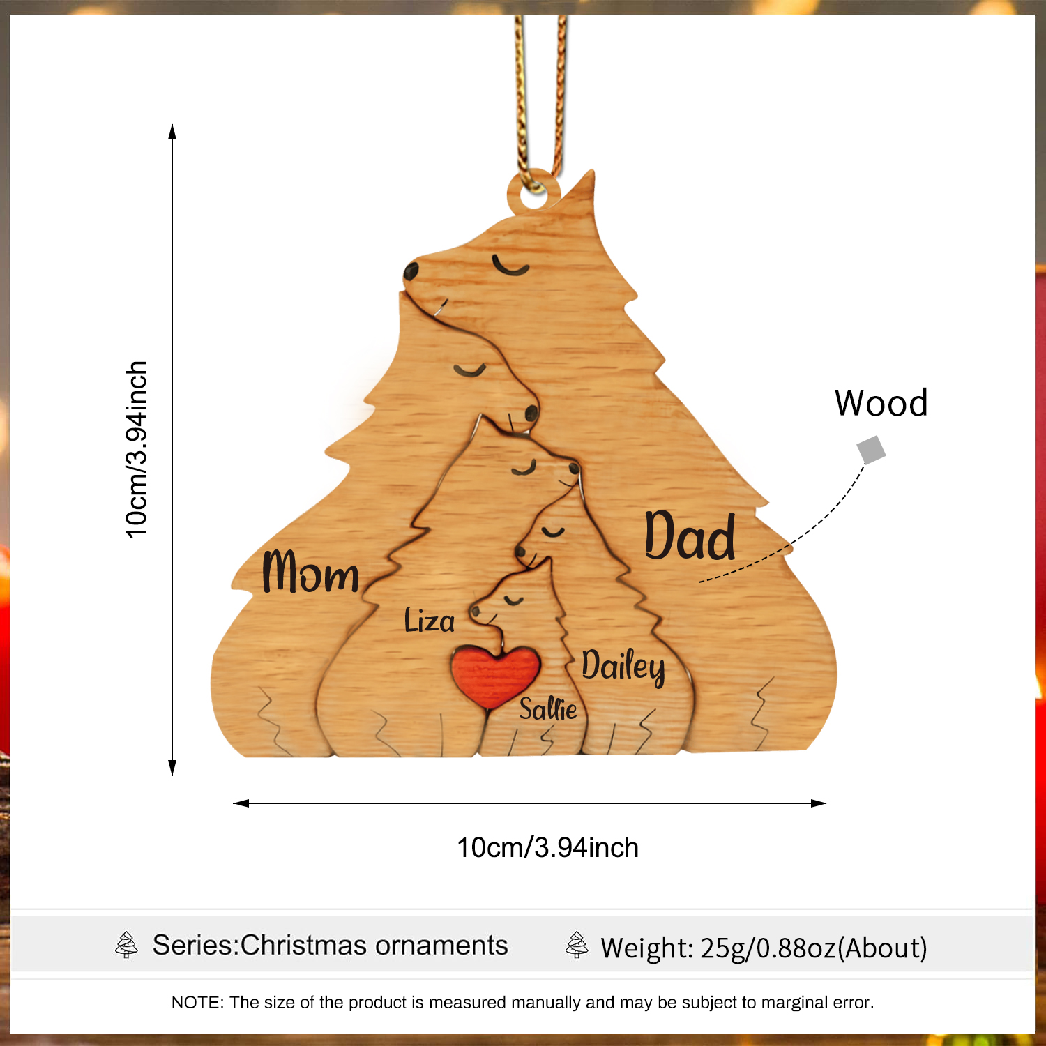 Navidad-Ornamento muñecos navideño de madera familia de zorros 5 nombres personalizados adorno del árbol-Jessemade ES