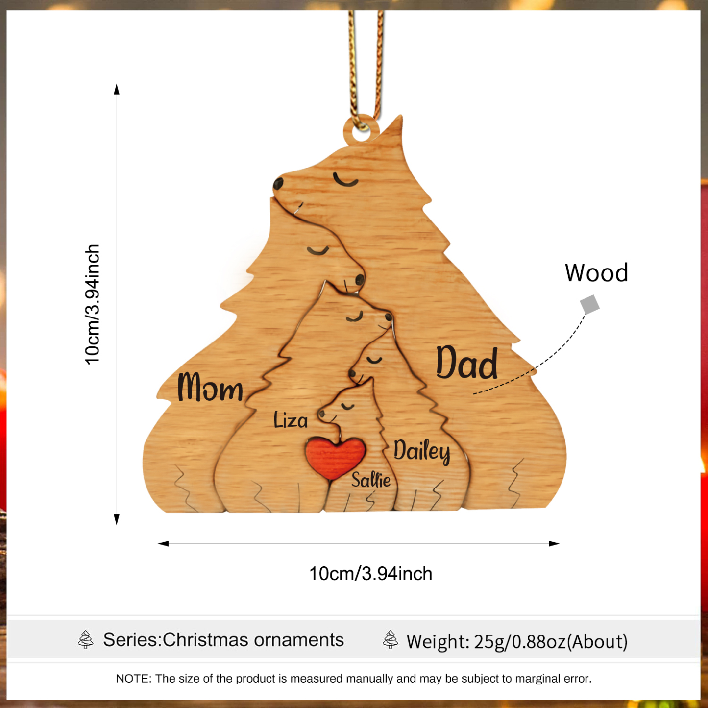 Navidad-Ornamento muñecos navideño de madera familia de zorros 5 nombres personalizados adorno del árbol-Jessemade ES