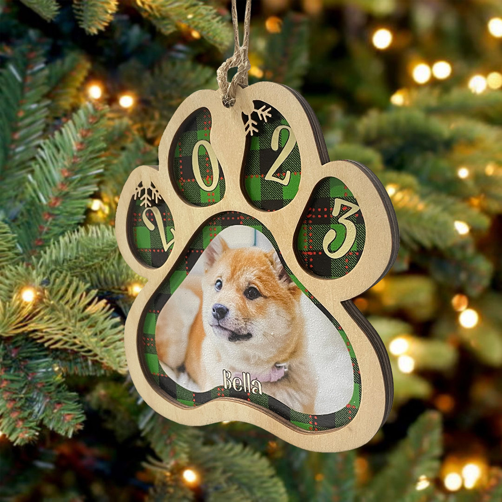 Navidad-Ornamento navideño de madera pata de perro con 1 nombre y 1 foto personalizados