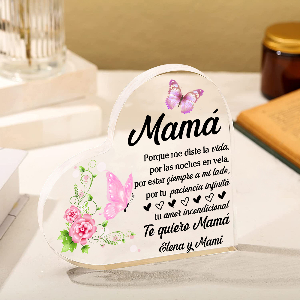 A mi mamá-Placa de acrílico en forma de corazón mariposas y frases amorosos 1 texto personalizado-Jessemade ES