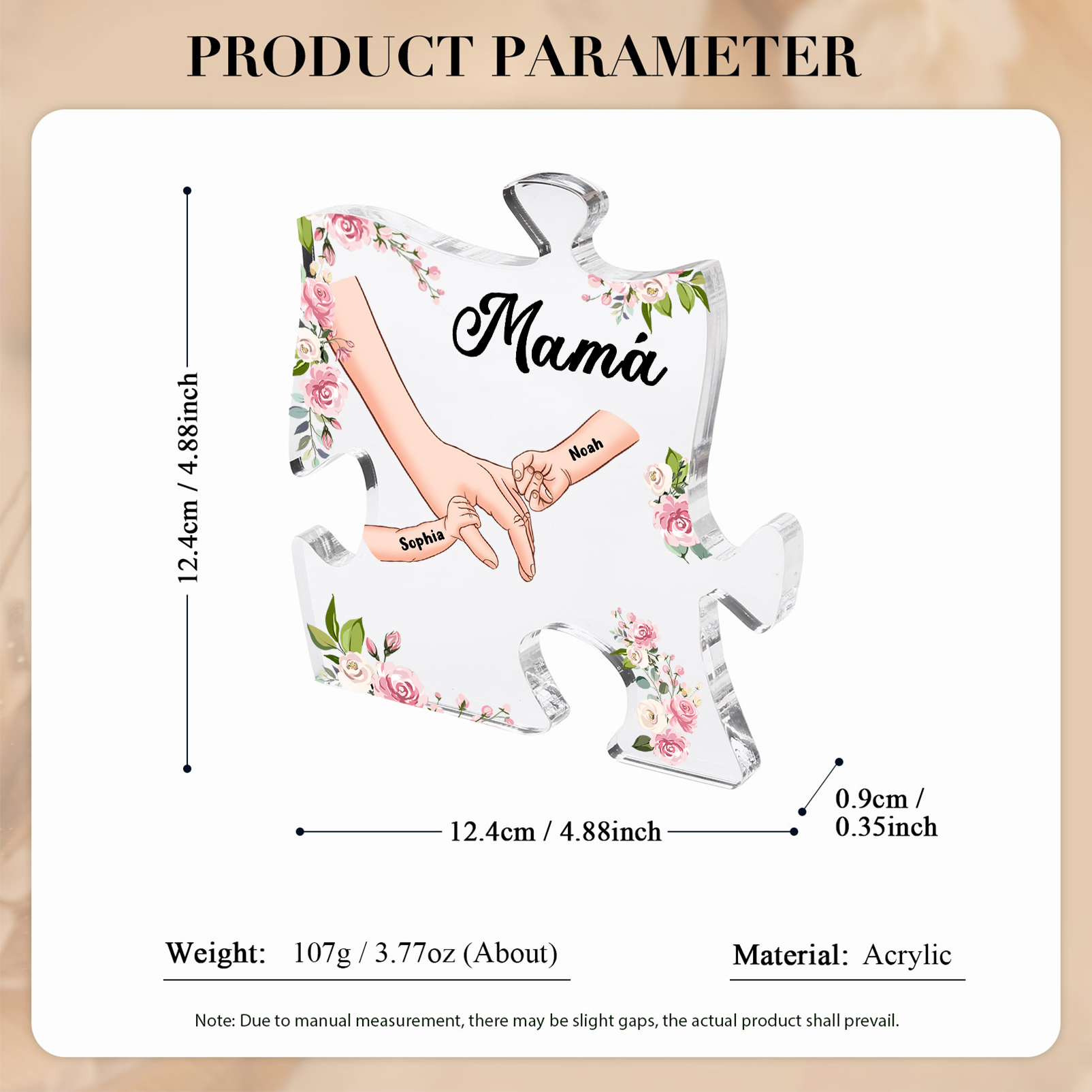 A mi mamá/abuela-Placa de acrílico en forma de corazón mano a mano con 1 texto y 2 nombres personalizados | Jessemade