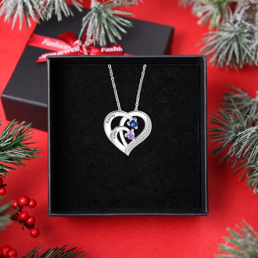 Collar para mujer de corazón de plata 925 con 4 nombres y 4 piedras de nacimiento personalizados