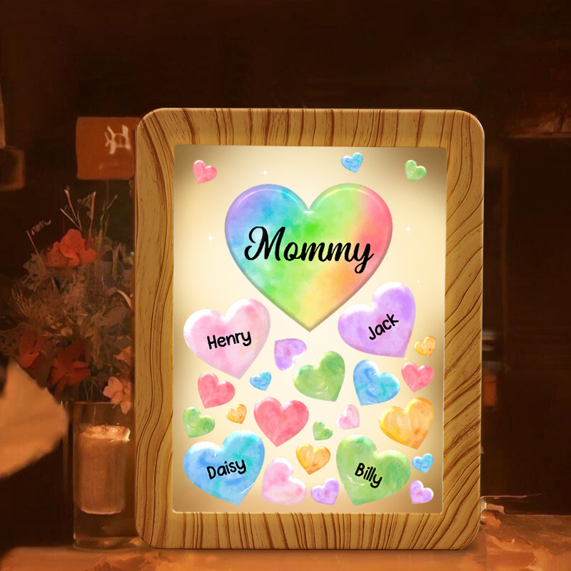 Marco/Espejo con LED Multifuncional Corazones 1-7 Nombres Personalizados con 1 Texto-Jessemade ES
