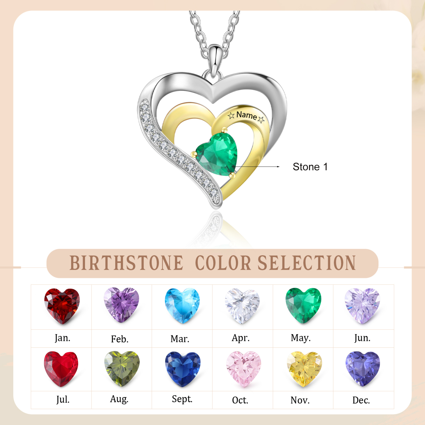 Collar de corazón de plata 925 con 1 nombre y 1 piedra de nacimiento personalizados-Jessemade ES