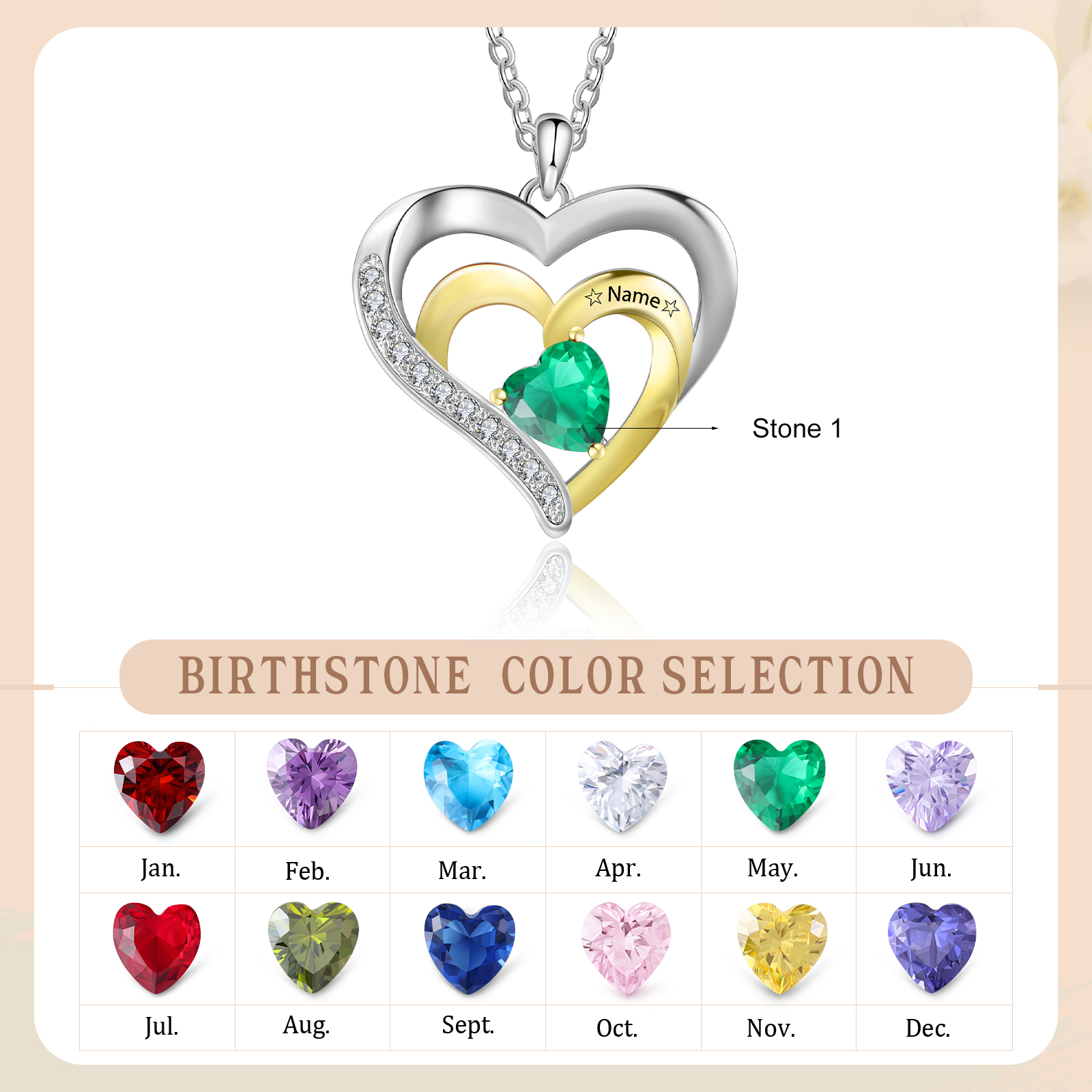 Collar de corazón de plata 925 con 1 nombre y 1 piedra de nacimiento personalizados-Jessemade ES
