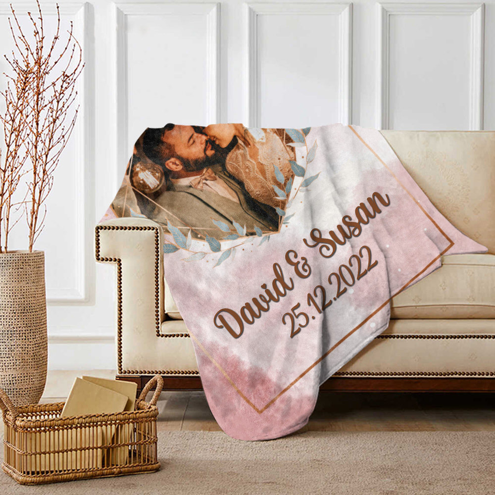 Pareja-Manta de buen calidad de corazón de foto personalizada con nombres y fecha-Jessemade ES