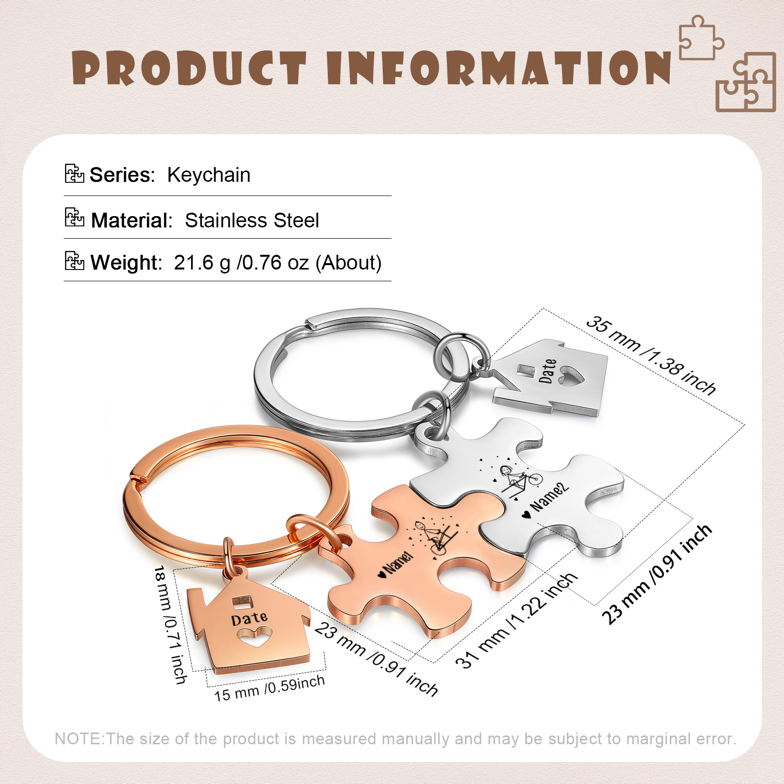 Llavero para pareja rompecabezas 2 nombres personalizados con fecha dije de casa-Jessemade ES