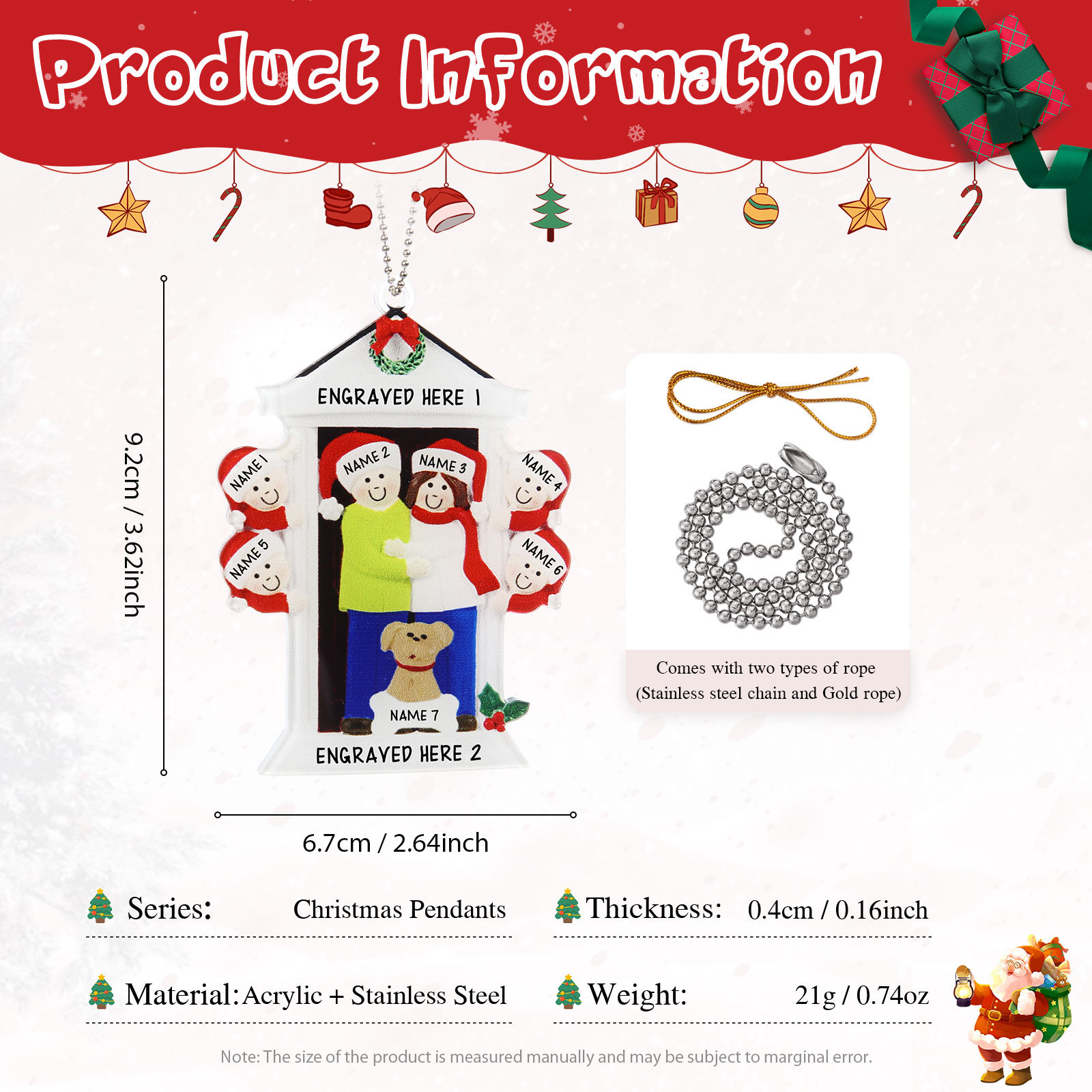 Navidad-Ornamentos Navideños de Acrílico Familia en Puerta con Perro 7 Nombres Personalizados con 2 Textos-Jessemade ES
