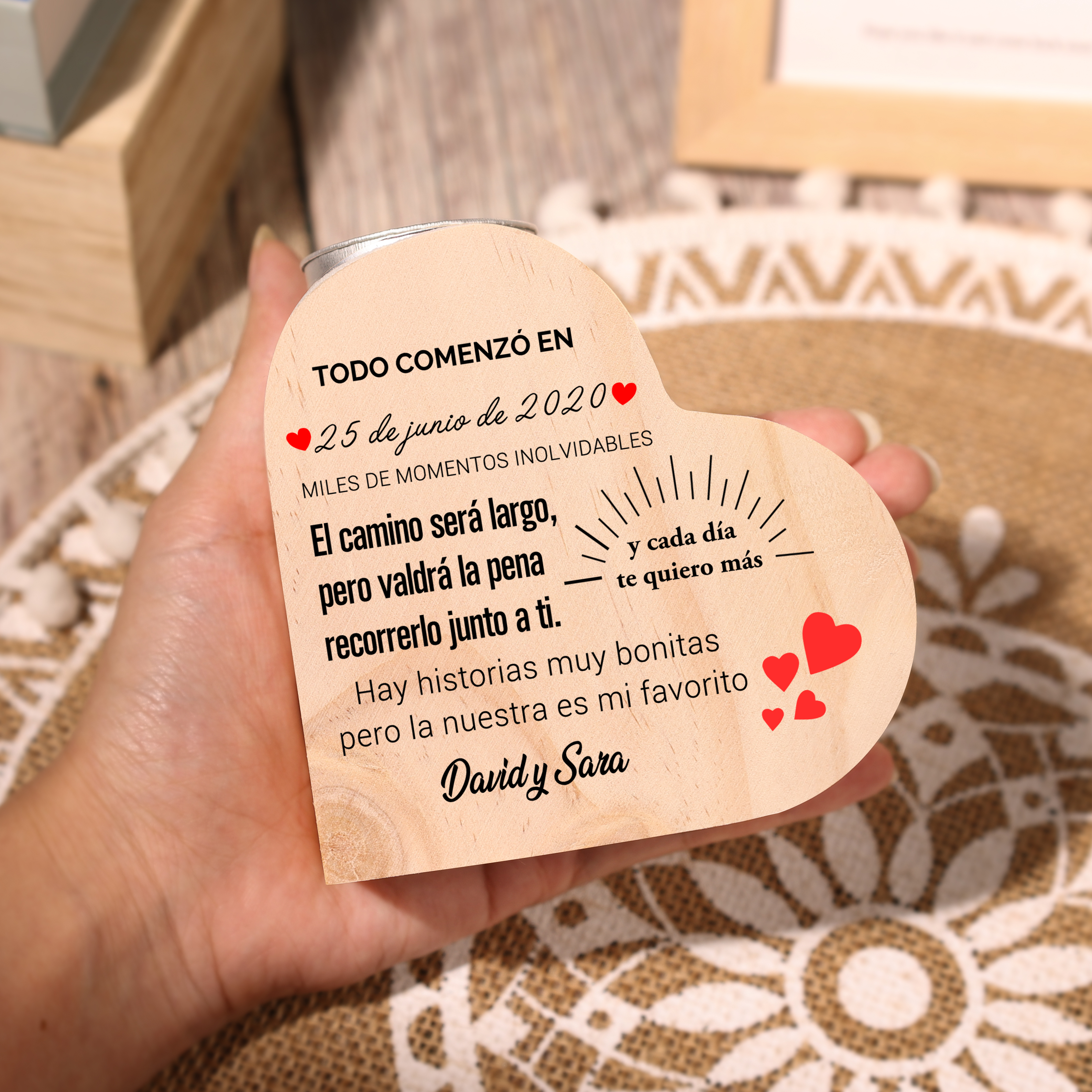 Candelero de madera para pareja sin vela personalizado con 2 nombres y fecha-Jessemade ES