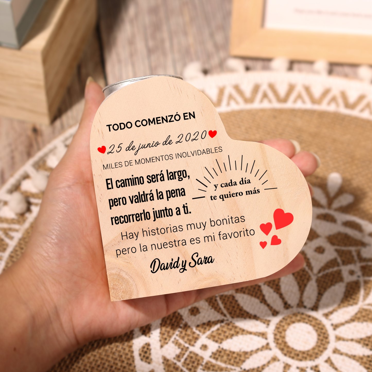 Candelero de madera para pareja sin vela personalizado con 2 nombres y fecha-Jessemade ES