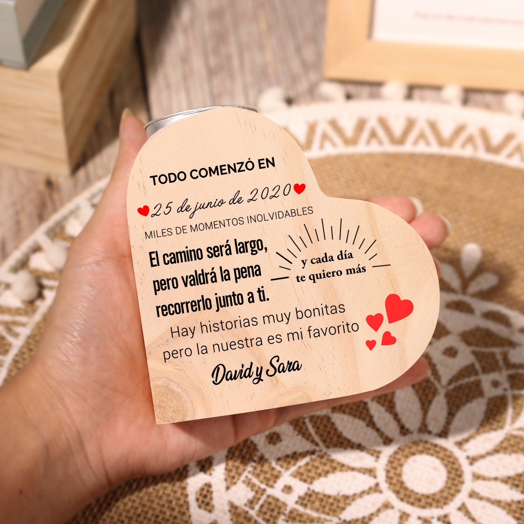 Candelero de madera para pareja sin vela personalizado con 2 nombres y fecha-Jessemade ES