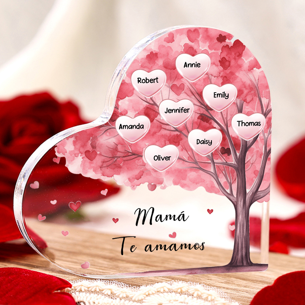 A mi mamá/abuela-Placa de acrílico "Árbol" en forma de corazón 8 nombres y 1 texto personalizados-Jessemade ES