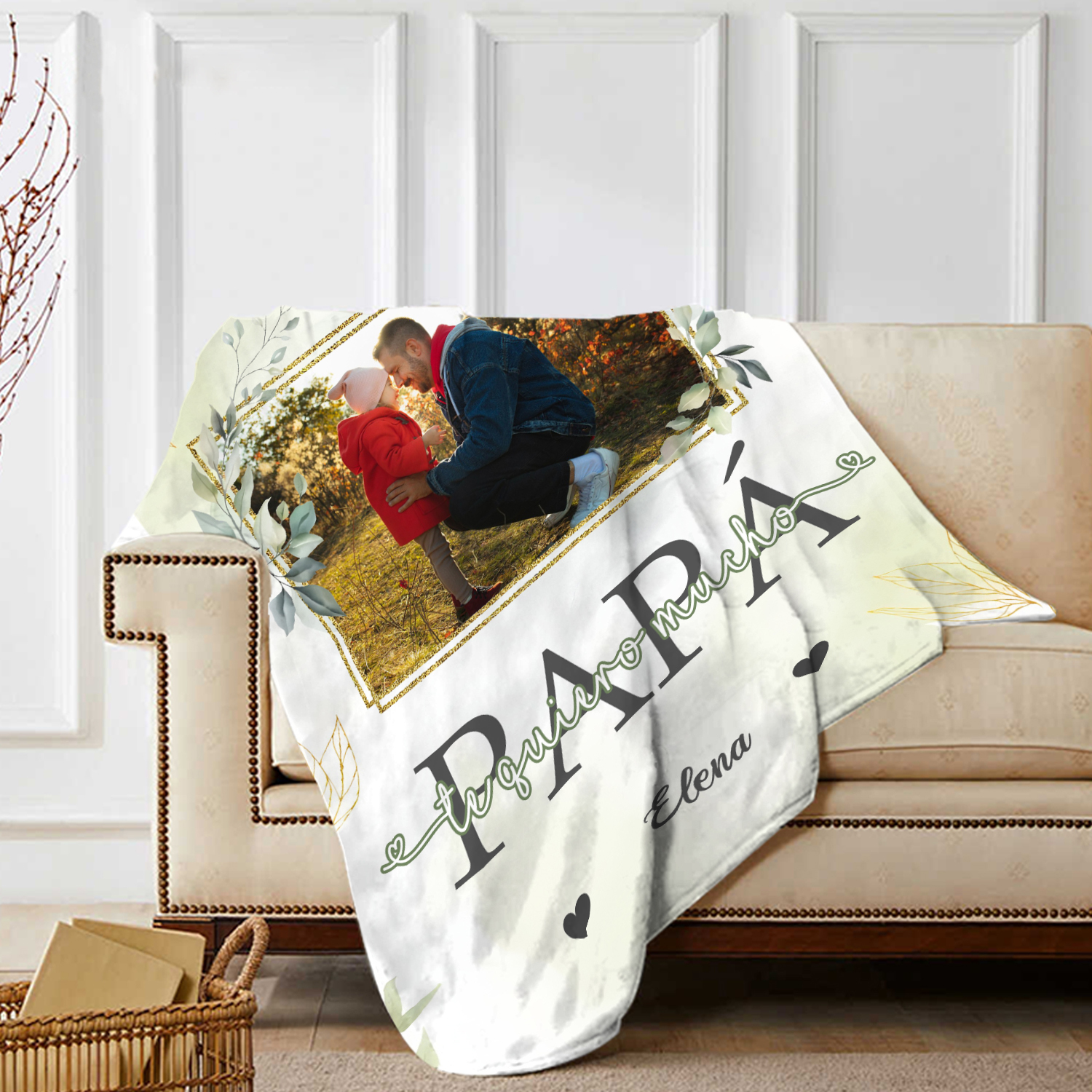 A mi padre de hij@-Manta de buen calidad con hojas personalizada con 1 foto y 1 nombre-Jessemade ES