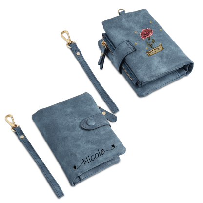 Cartera, billetera con 1 nombre, 1 fecha y 1 flor de nacimiento personalizados monedero clásico para mujer