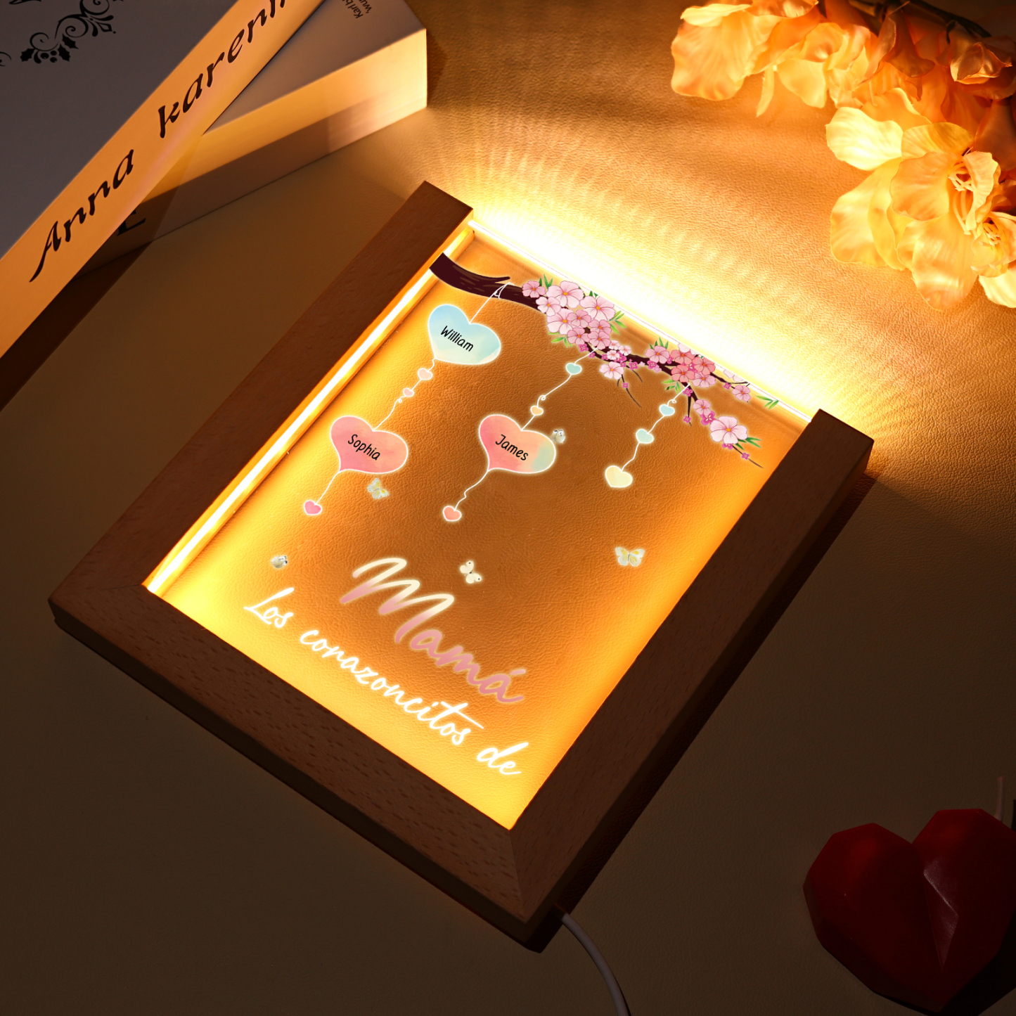 A mi mamá/abuela-Lámpara Personalizada con 2-8 Nombres y Texto "árbol y corazones" 3D Ilusión Luz de Noche-Jessemade ES