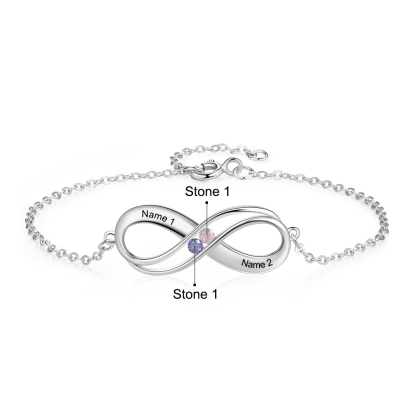 Pulsera infinito de Plata 925 ajustable 2 nombres y 2 piedras de nacimiento personalizados
